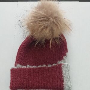 Cozy Red and Gray Kids Pom-Pom Beanie
